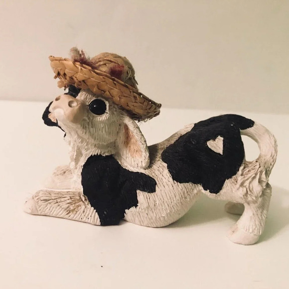 Vtg Lot of 2 Enesco Kathy Wise Calf Cow Figure  Straw Hats - Picture 13 of 16